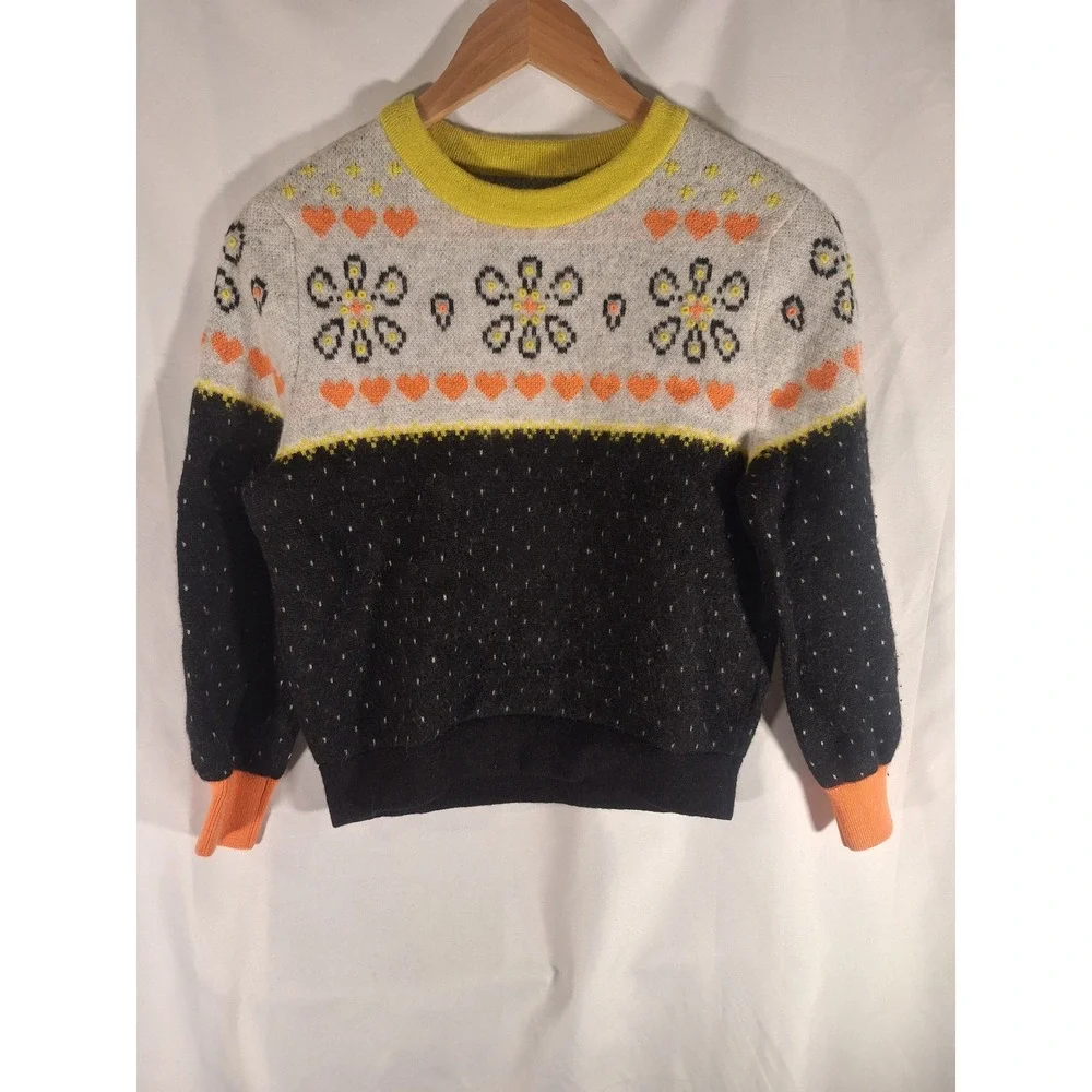 Kate Spade New York Alpaca Wool Floral Heart Fair Isle Sweater Gray‎ Black Small